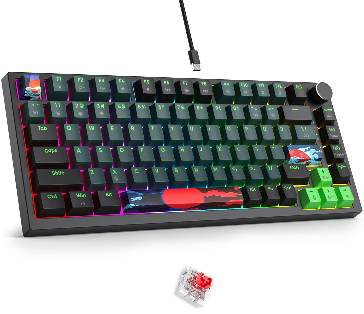 Fogruaden Wired Mechanical Keyboard 75% Percent Hot Swappable, Red Switch, TKL Mechanical Keyboard, Gasket Mount, RGB Backlit Compact Gaming Keyboard with Volume Knob(Joker)