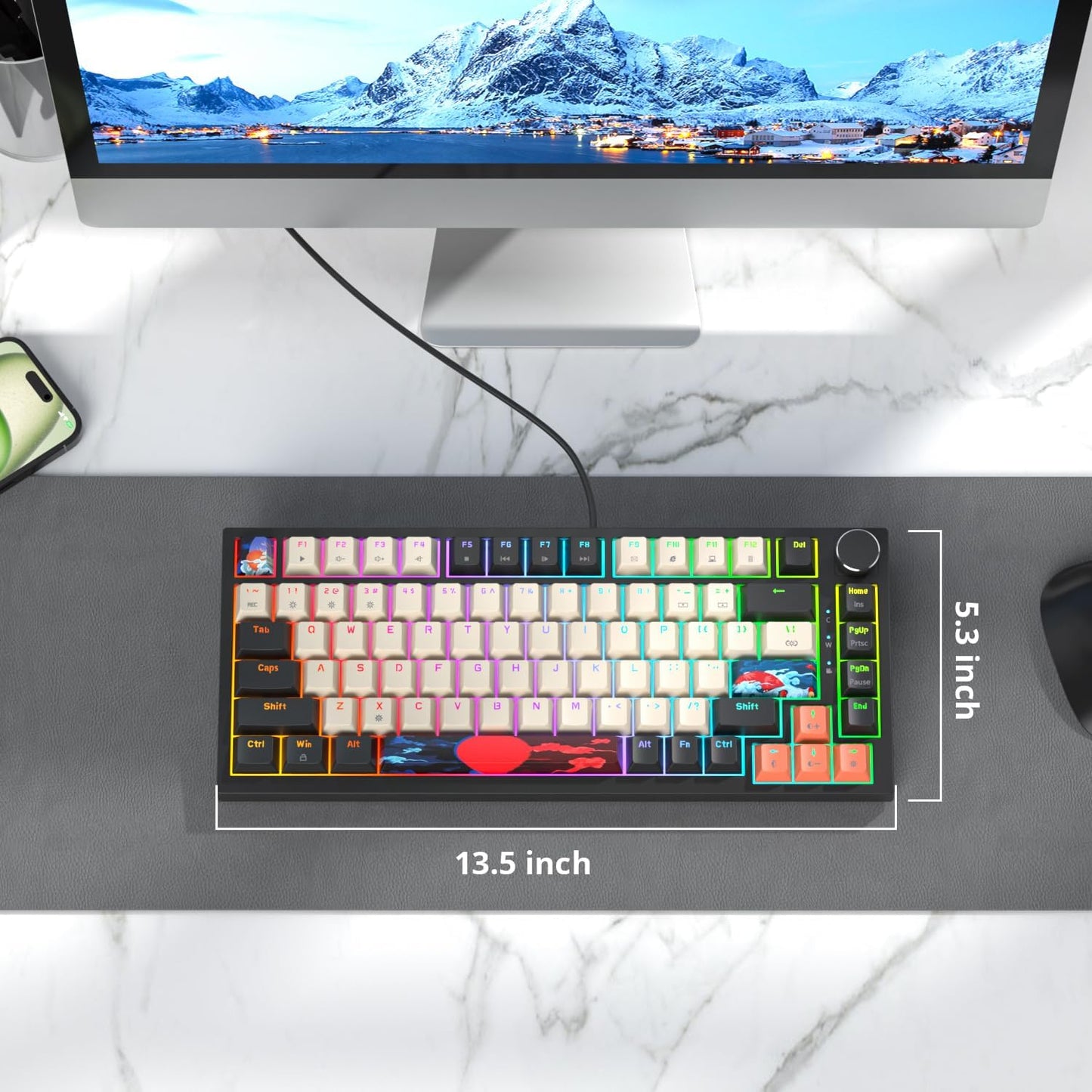 Fogruaden Wired 75 Percent Gaming Keyboard, RGB Backlit 75% Percent Mechanical Keyboard, Gasket Mount TKL Mechanical Keyboard, Hot Swappable Red Switch, NKRO Compact Gaming Keyboard with Volume Knob