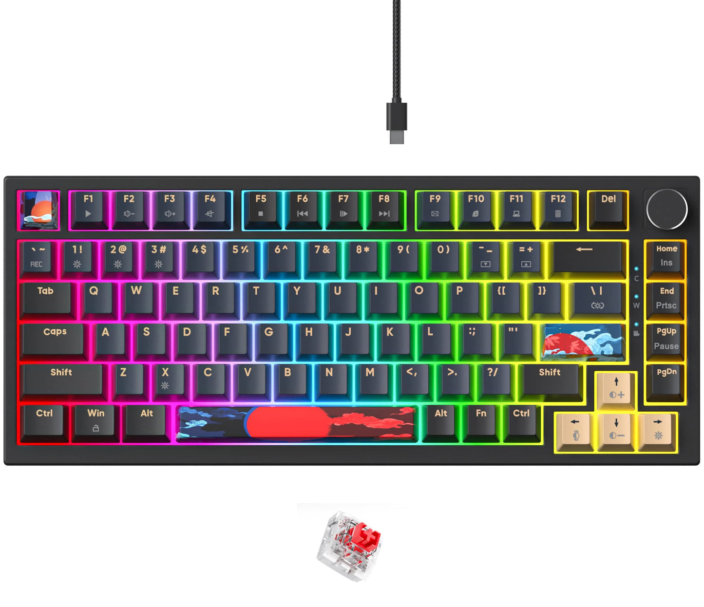 Fogruaden Wired 75% Mechanical Gaming Keyboard 75 Percent Matcha Keyboard Hot Swappable Gasket Mount, Red Switch, RGB Backlit 82 Keys TKL Mechanical Keyboard, NKRO Compact Keyboard with Knob